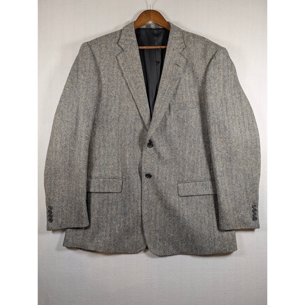 Stafford Mens 46L Grey Herringbone Pure Wool Blazer Sport Coat 2-Button Jacket
